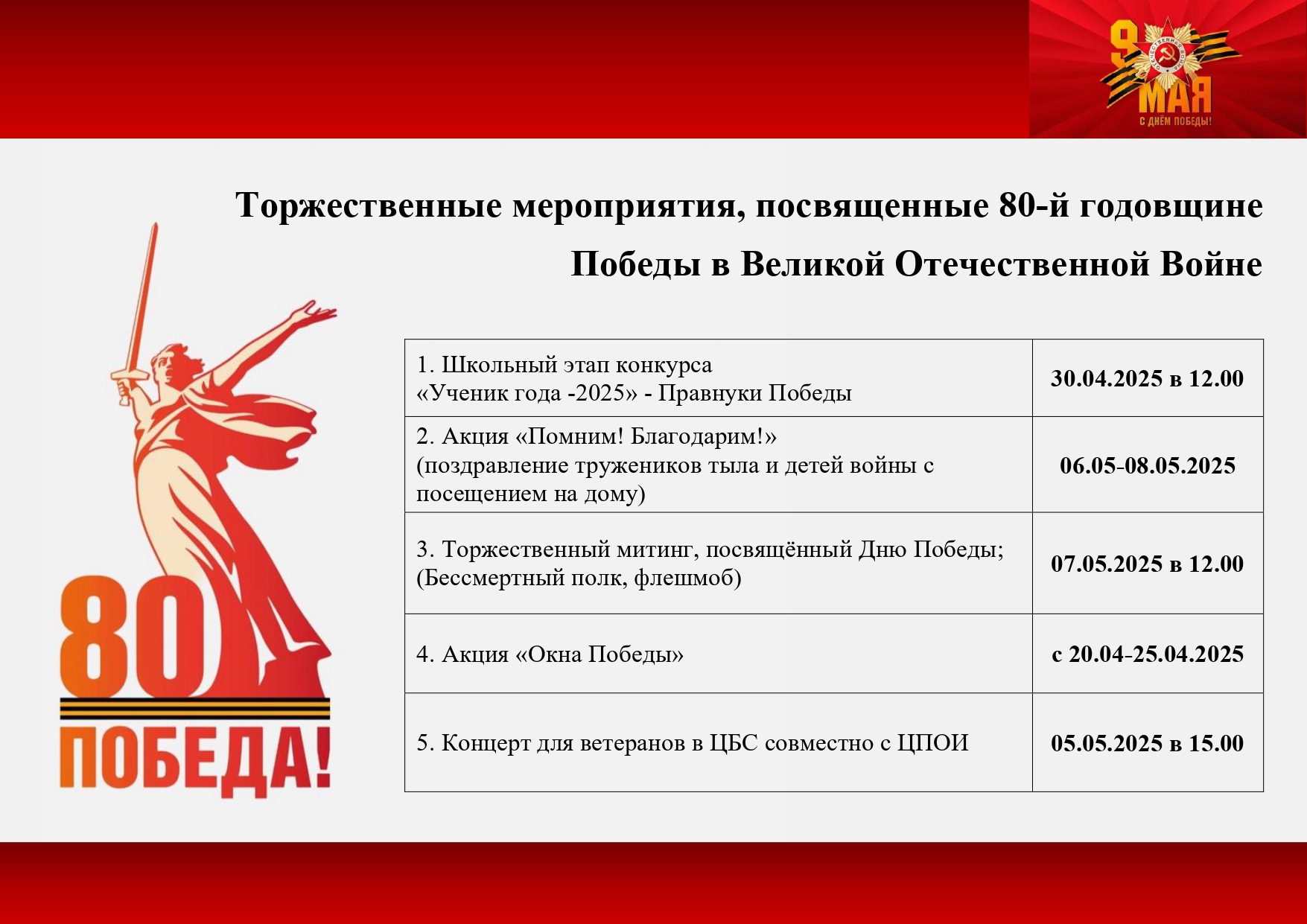Торжественные мероприятия, посвященные 80-й годовщине ПОБЕДЫ в Великой Отечественной Войне.